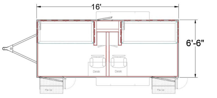 16 foot trailer with 2 sleep chambers, each with a bunk and desk.