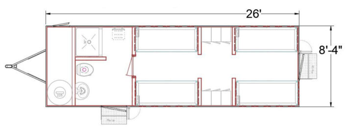 Trailer with 4 bunks, full bathroom, and 6 lockers.